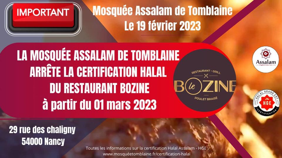 HALAL – Arrêt de la certification du restaurant Le Bo Zine à Nancy depuis le 1er mars 2023